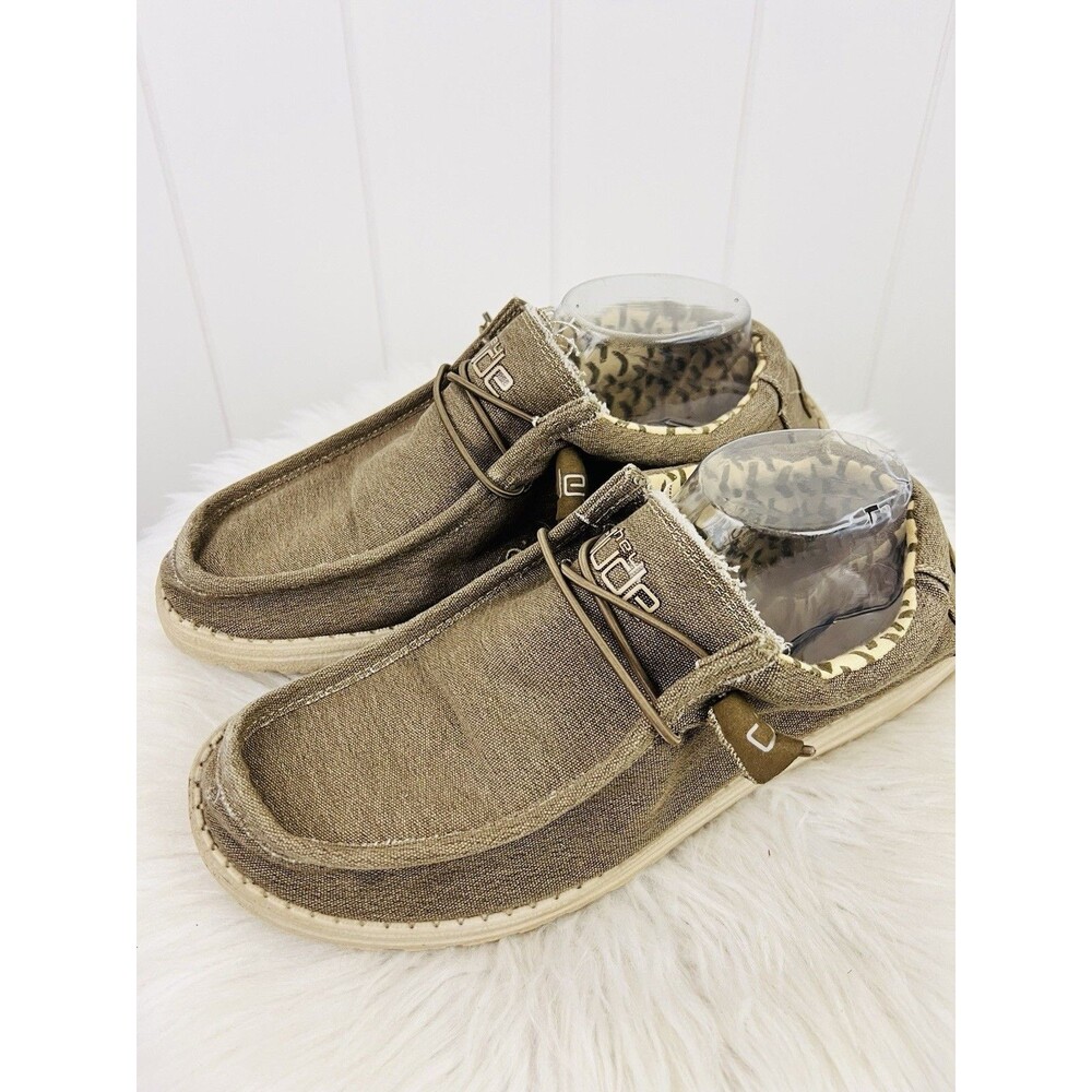 Hey Dude Wally Mens Brown Canvas Slip on Comfort Shoes Size 10